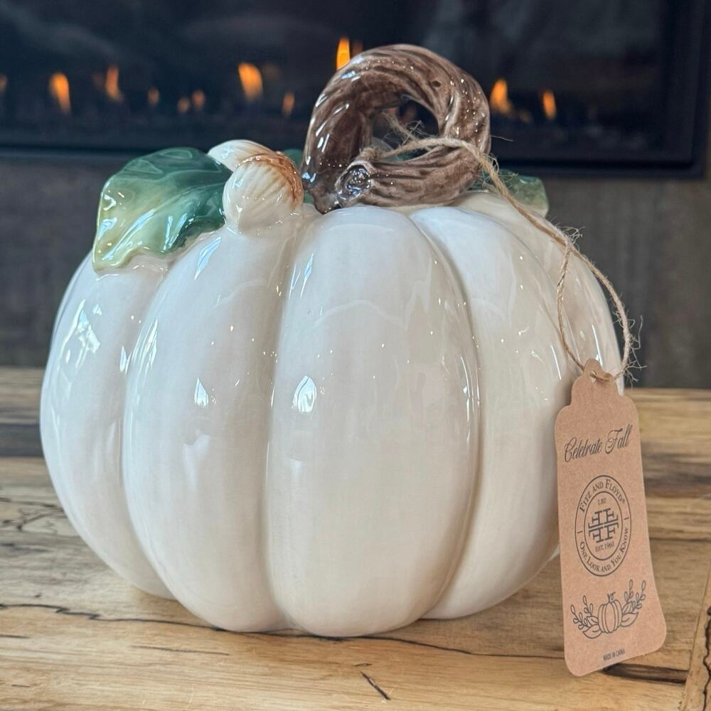 Fitz and Floyd Autumn Harvest White Ceramic Pumpkin Figurine 8.5” Fall Decor NWT